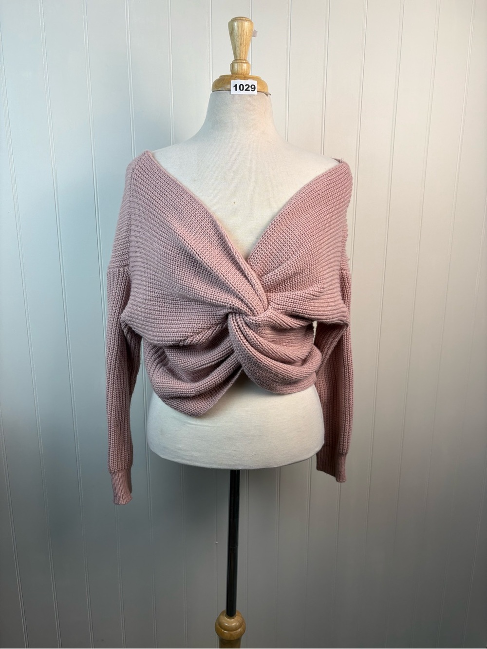 Blush Pink Twist Front Knit Sweater Off Shoulder Balletcore Cozy Chic One Size